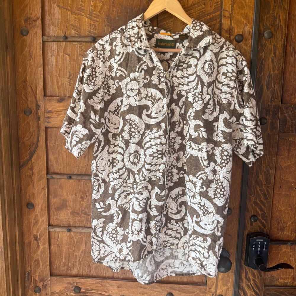 Timberland 100% Linen Button Down Shirt Mens M Brown White Floral Short Sleeve
